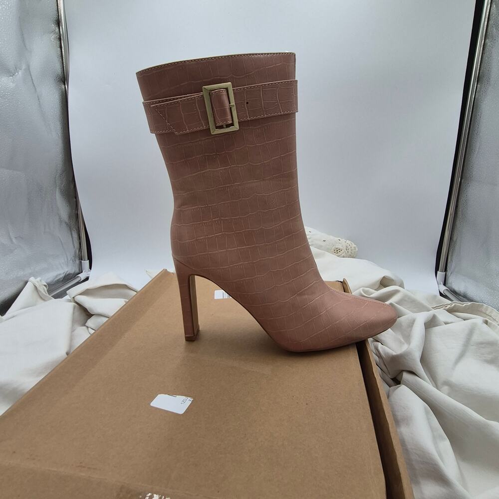 journey collection Tan Croc‑Embossed Pointed‑Toe Ankle Boots Stiletto Heel Sz 8½